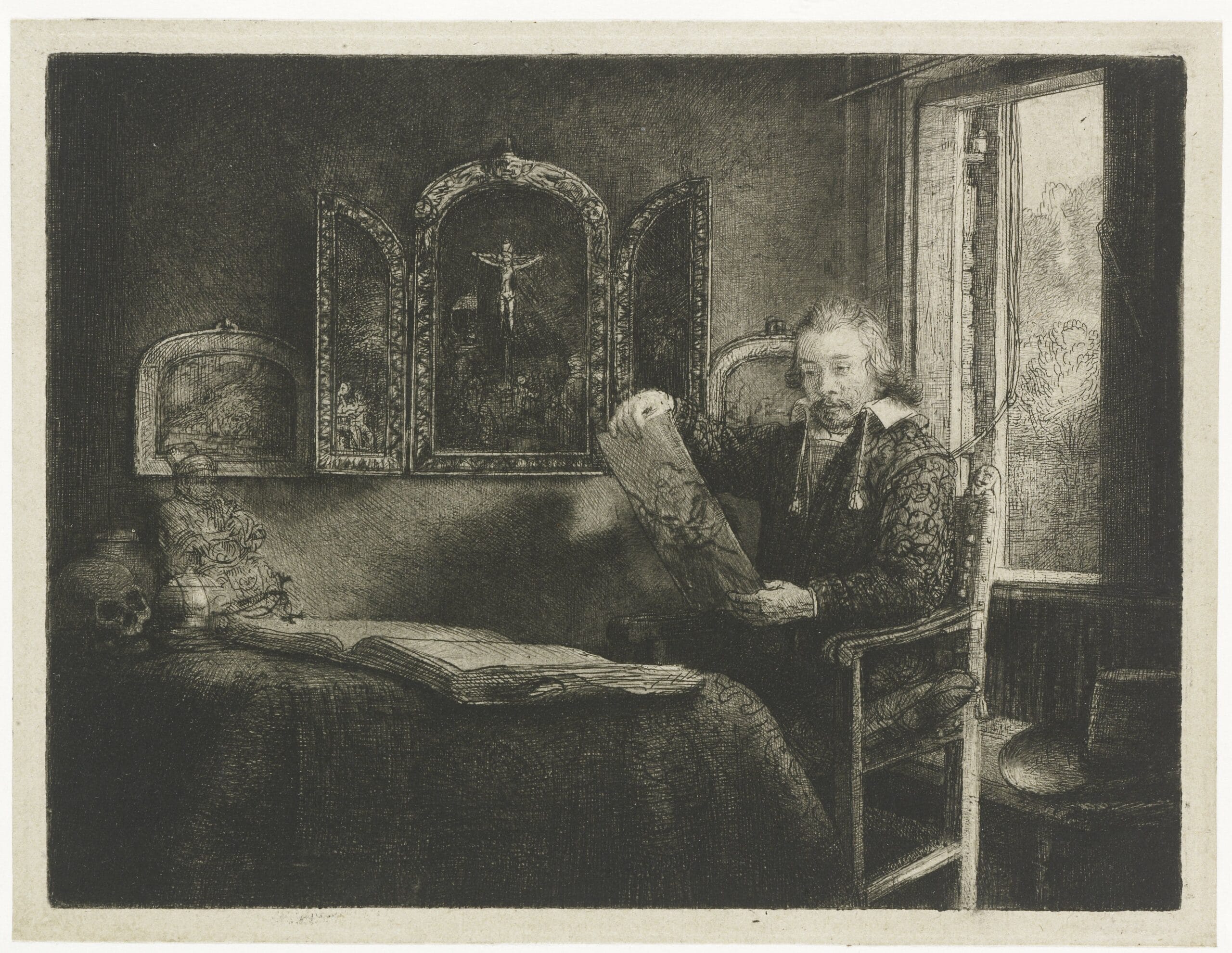 Portrait of Abraham Francen, apothecary, Rembrandt van Rijn, c. 1657, etching, dry point, on Japanese paper, 15,8 × 20,9 cm, Rijksmuseum Amsterdam