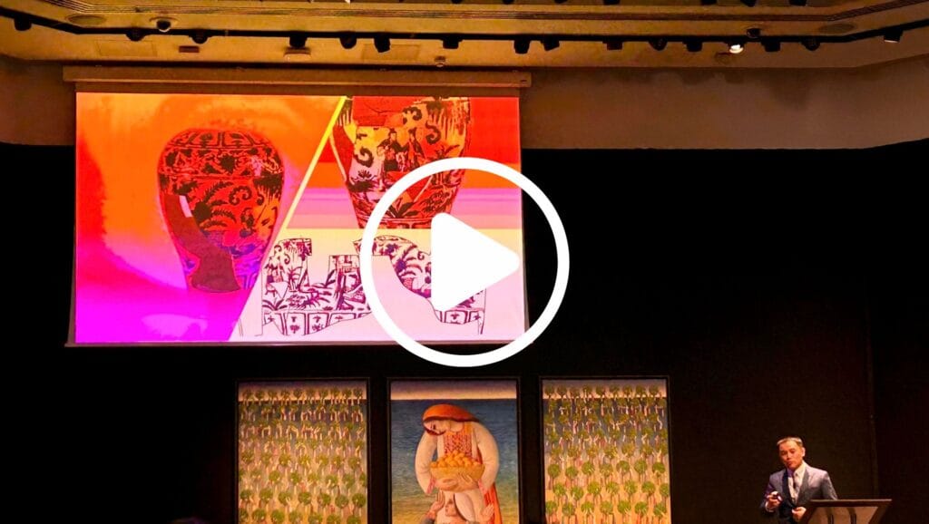 Photo of Dr. Weng Yanjun presenting his lecture at Christie's and Youtube link to play lecture