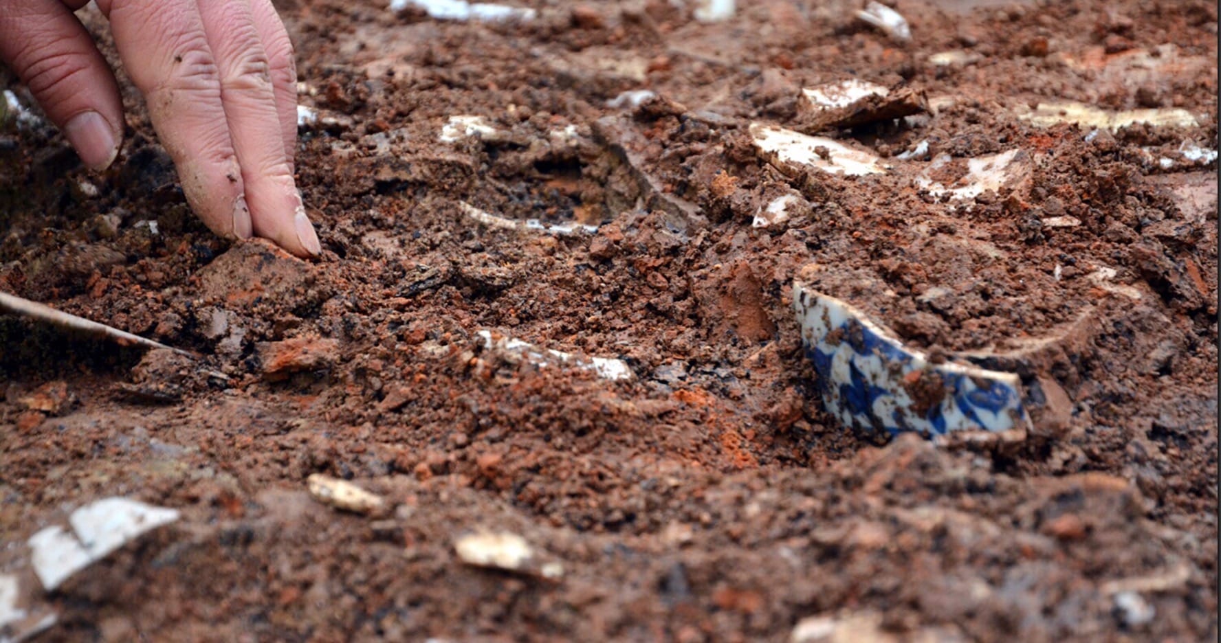 close up of archaeological site showing Yuan Blue-and-white porcelains Stratum at Luomaqiao Kiln Site